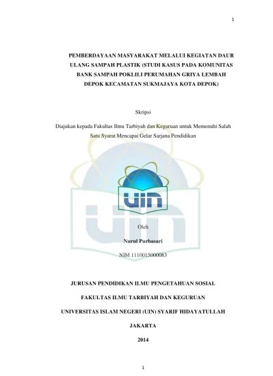 Pemberdayaan Masyarakat Melalui Kegiatan Daur Ulang Sampah Plastik (Studi  Kasus Pada Komunitas Bank Sampah Poklili Perumahan Griya Lembah Depok  Kecamatan Sukmajaya Kota Depok)