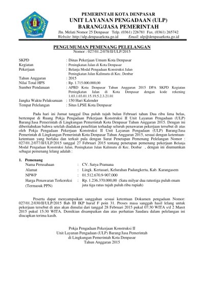 Pengumuman Pemenang Jln Lingk Kel Pds