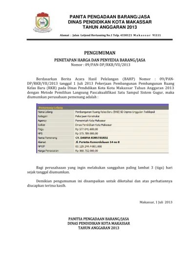 PENGUMUMAN PEMENANG SDN MATTOANGING