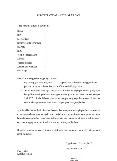 SURAT PERNYATAAN KEBENARAN DATA PENGUSULAN TPG INDIVIDU 2017