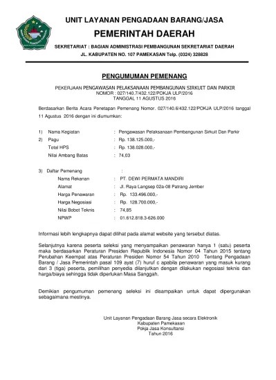 18. Pengumuman Pemenang seleksi Pengawasan Sirkuit