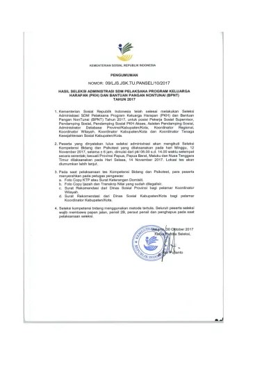 PENGUMUMAN SELEKSI SDM PELAKSANA PROGRAM KELUARGA HARAPAN (PKH) TAHUN 2017  NOMOR 003/LJS.JSK.TU.PANSEL/10/2017