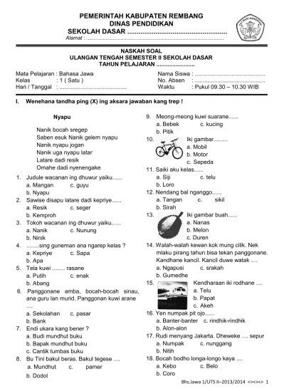 Latihan Soal UTS Bahasa Jawa Kelas 1 SD Semester 1