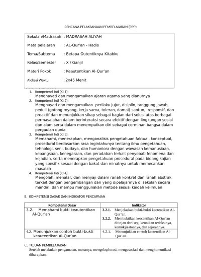 Post AL-QUR’AN HADIS format RPP KD 2