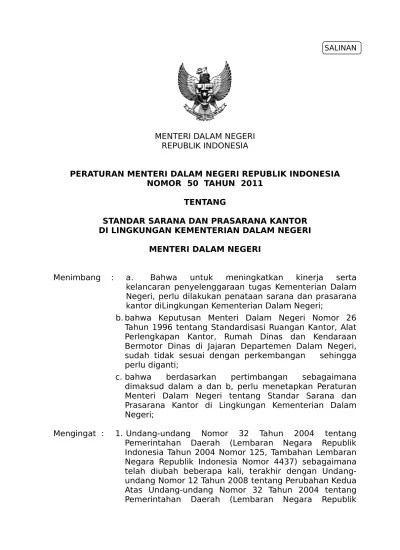STANDAR SARANA DAN PRASARANA KANTOR DI LINGKUNGAN KEMENTERIAN DALAM NEGERI  - Produk Hukum - Kementerian Dalam Negeri - Republik Indonesia