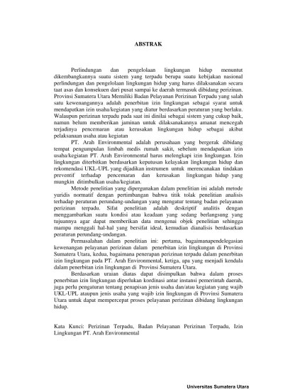 Penerapan Perizinan Terpadu dalam Penerbitan Izin Lingkungan di Provinsi  Sumatera Utara (studi Izin Lingkungan PT. Arah