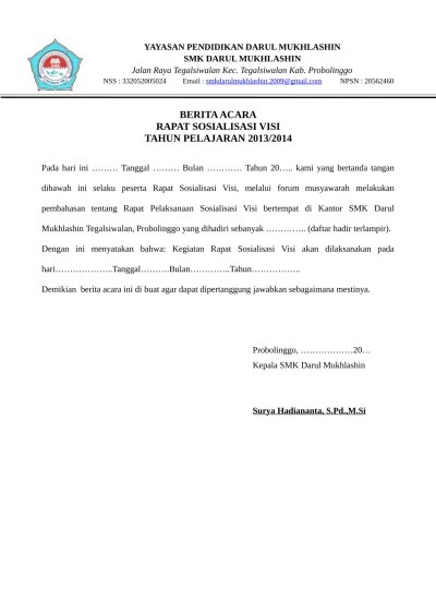 Contoh Berita Acara, Daftar Hadir, SK Penetapan Perumusan Visi, Misi,  Tujuan Sekolah | Bukti Fisik Akreditasi Sekolah SD, MI, SMP, MTs, SMA, SMK,  MA