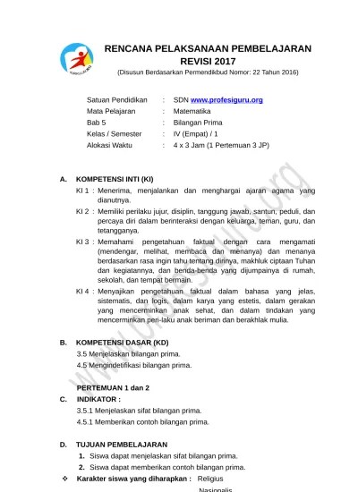 8.5. RPP KD 3.5 4.5. Mtk Kelas 4 Sem 1 Revisi 2017