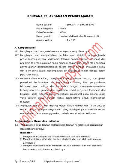 RPP Kimia SMA SMK MA Kurikulum 2013 Kelas X-10 ELEKTROLIT