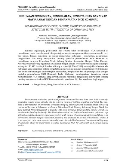 HUBUNGAN PENDIDIKAN, PENGHASILAN, PENGETAHUAN DAN SIKAP MASYARAKAT DENGAN  PEMANFAATAN MCK KOMUNAL RELATIONSHIP EDUCATION, INCOME, KNOWLEDGE AND  PUBLIC ATTITUDES WITH UTILIZATION OF COMMUNAL MCK