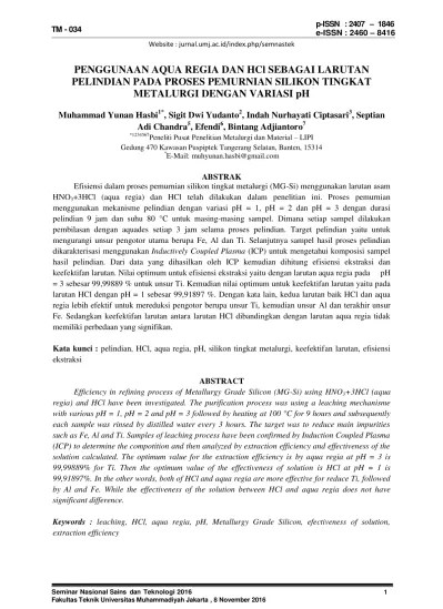 PENGGUNAAN AQUA REGIA DAN HCl SEBAGAI LARUTAN PELINDIAN PADA PROSES  PEMURNIAN SILIKON TINGKAT METALURGI DENGAN VARIASI