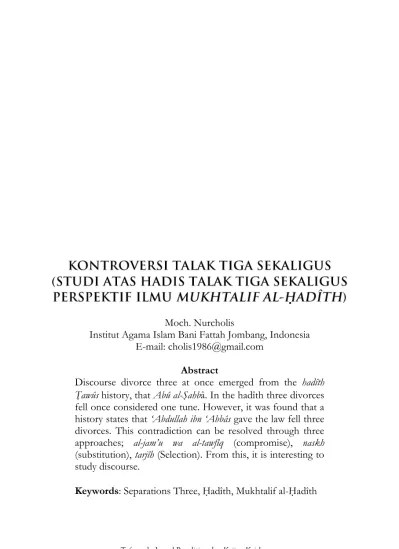 View of Kontroversi Talak Tiga Sekaligus; Studi atas Hadis Talak Tiga  Sekaligus Perspektif Ilmu Mukhtalif al-Ḥadîth