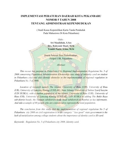 IMPLEMENTASI PERATURAN DAERAH KOTA PEKANBARU NOMOR 5 TAHUN 2008 TENTANG ADMINISTRASI  KEPENDUDUKAN