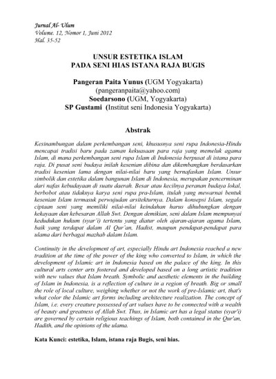 UNSUR ESTETIKA ISLAM PADA SENI HIAS ISTANA RAJA BUGIS Pangeran Paita Yunus  (UGM Yogyakarta) (pangeranpaitayahoo.com Ϳ Soedarsono (UGM, Yogyakarta) SP  Gustami (Institut seni Indonesia Yogyakarta) Abstrak - View of Unsur  Estetika Islam
