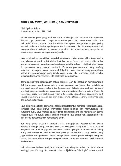PUISI SUKMAWATI KEJUJURAN DAN KESETIAAN.