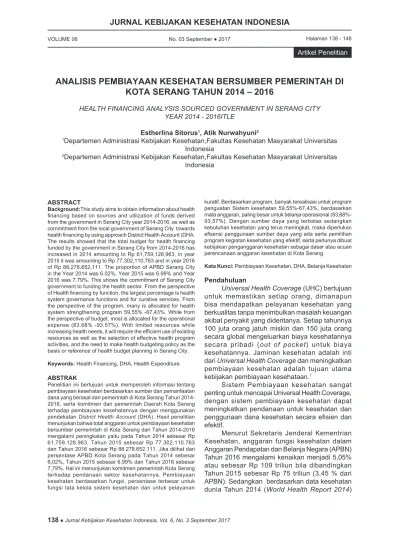 ANALISIS PEMBIAYAAN KESEHATAN BERSUMBER PEMERINTAH DI KOTA SERANG TAHUN  2014 – 2016 | Sitorus | Jurnal Kebijakan Kesehatan Indonesia 29661 67206 1  SM