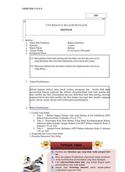 3.9. Menyebutkan butir-butir penting dari dua buku non fiksi dan satu novel  yang dibacakan nilai-nilai dan kebahasaan cerita rakyat dan cerpen. - 9.  UKBM BIN 3.9 4.9 Ikhtisar