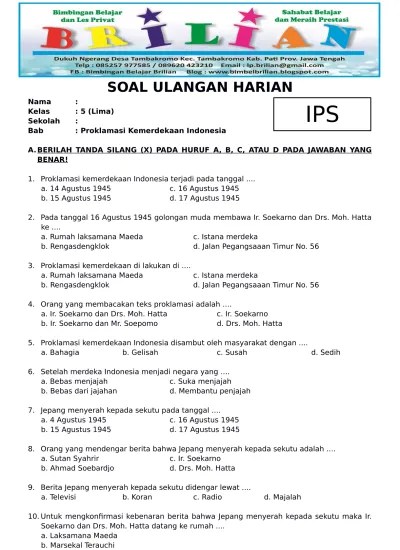 Soal IPS Kelas 5 SD BAB Persiapan Kemerdekaan Indonesia Dan Kunci Jawaban