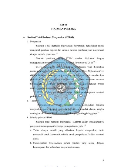 BAB II TINJAUAN PUSTAKA A. Sanitasi Total Berbasis Masyarakat (STBM) -  HUBUNGAN KARAKTERISTIK DAN TINGKAT PARTISIPASI DENGAN PERILAKU WARGA  MASYARAKAT PASCA PEMICUAN SANITASI TOTAL BERBASIS MASYARAKAT (STBM) DI  KELURAHAN BUGANGIN - Repository Universitas