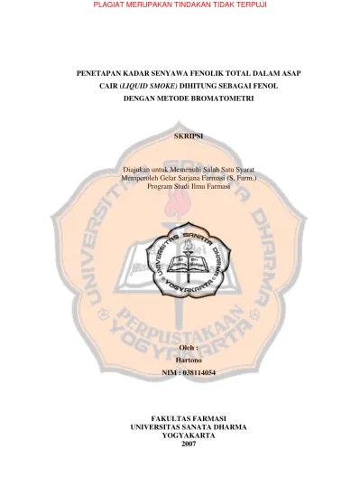Penetapan kadar senyawa fenolik total dalam asap cair [Liquid smoke]  dihitung sebagai fenol dengan metode bromatometri - USD Repository