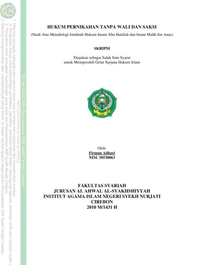 HUKUM PERNIKAHAN TANPA WALI DAN SAKSI (Studi Atas Metodologi Istinbath  Hukum Imam Abu Hanifah dan Imam Malik bin Anas) - IAIN Syekh Nurjati Cirebon