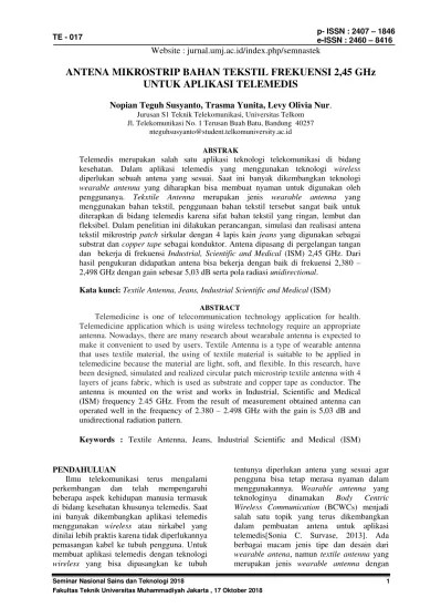 ANTENA MIKROSTRIP BAHAN TEKSTIL FREKUENSI 2,45 GHz UNTUK APLIKASI TELEMEDIS