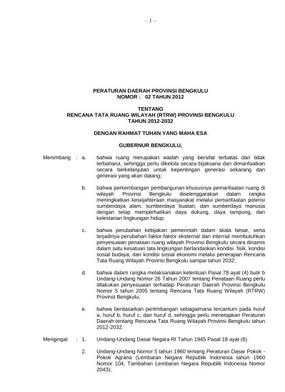 PERATURAN DAERAH PROVINSI BENGKULU NOMOR : 02 TAHUN 2012 TENTANG RENCANA  TATA RUANG WILAYAH (RTRW) PROVINSI BENGKULU TAHUN