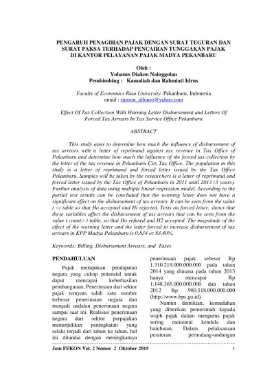 PENGARUH PENAGIHAN PAJAK DENGAN SURAT TEGURAN DAN SURAT PAKSA TERHADAP  PENCAIRAN TUNGGAKAN PAJAK DI KANTOR PELAYANAN PAJAK MADYA PEKANBARU