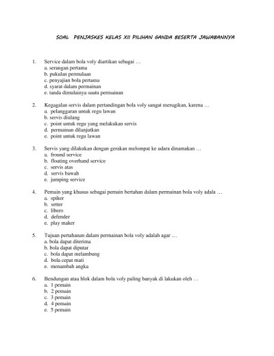 SOAL PENJASKES KELAS XII PILIHAN GANDA BESERTA JAWABANNYA