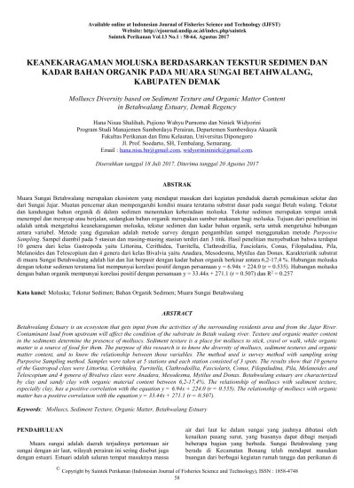 KEANEKARAGAMAN MOLUSKA BERDASARKAN TEKSTUR SEDIMEN DAN KADAR BAHAN ORGANIK  PADA MUARA SUNGAI BETAHWALANG, KABUPATEN DEMAK