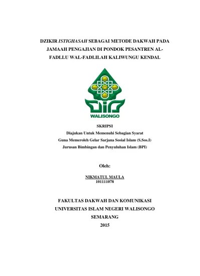 Dzikir istighasah sebagai metode dakwah pada jamaah pengajian di Pondok  Pesantren Al-Fadllu wal-Fadlilah Kaliwungu Kendal