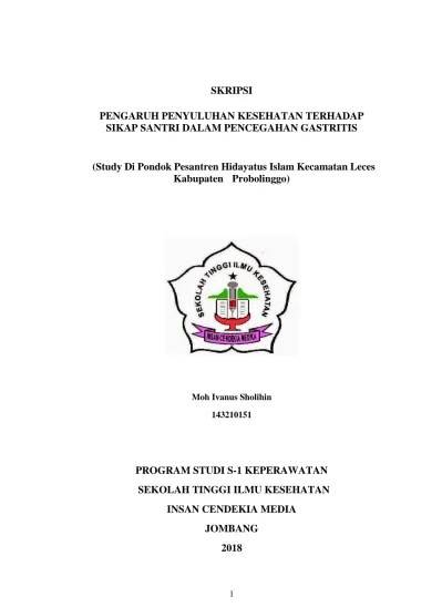 SKRIPSI PENGARUH PENYULUHAN KESEHATAN TERHADAP SIKAP SANTRI DALAM  PENCEGAHAN GASTRITIS