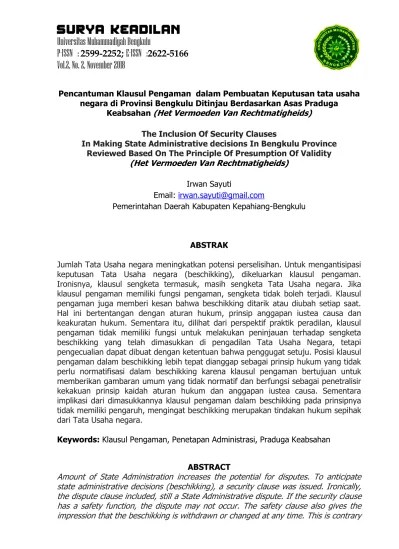Pencantuman Klausul Pengaman dalam Pembuatan Keputusan tata usaha negara di  Provinsi Bengkulu Ditinjau Berdasarkan Asas Praduga Keabsahan (Het  Vermoeden Van Rechtmatigheids)