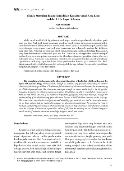 Top PDF Teknik Stimulasi dalam Pendidikan Karakter Anak Usia Dini melalui Lirik  Lagu Dolanan - 123dok.com