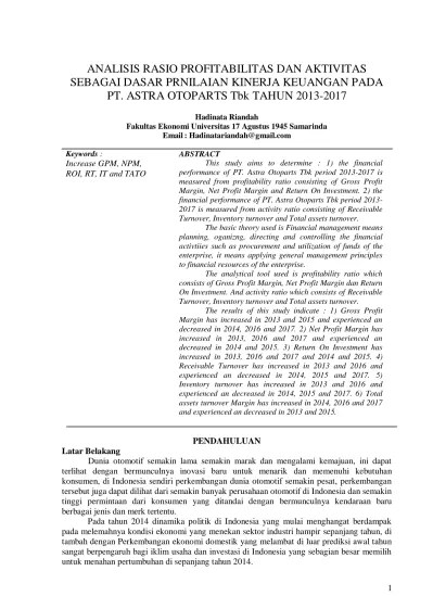 ANALISIS RASIO PROFITABILITAS DAN AKTIVITAS SEBAGAI DASAR PRNILAIAN KINERJA  KEUANGAN PADA PT. ASTRA OTOPARTS Tbk TAHUN 2013-2017