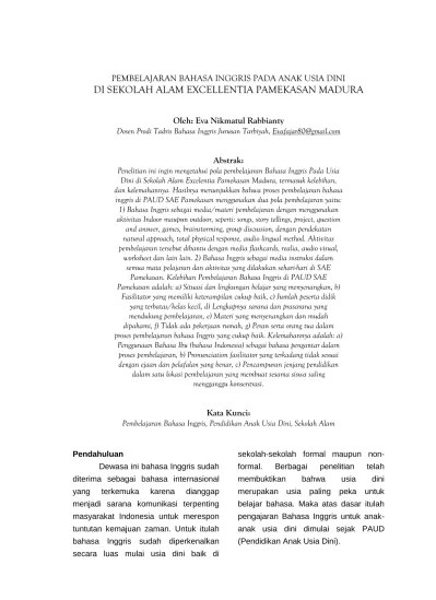 Pembelajaran Bahasa Inggris pada Anak Usia Dini di Sekolah Alam Exelentia  Pamekasan Madura