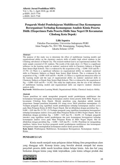 Pengaruh Model Pembelajaran Multiliterasi Dan Kemampuan Berorganisasi  Terhadap Kemampuan Analisis Kimia Peserta Didik (Eksperimen Pada Peserta  Didik Sma Negeri Di Kecamatan Cilodong Kota Depok)