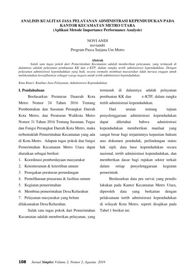 ANALISIS KUALITAS JASA PELAYANAN ADMINISTRASI KEPENDUDUKAN PADA KANTOR  KECAMATAN METRO UTARA (Aplikasi Metode Importance Performance Analysis)