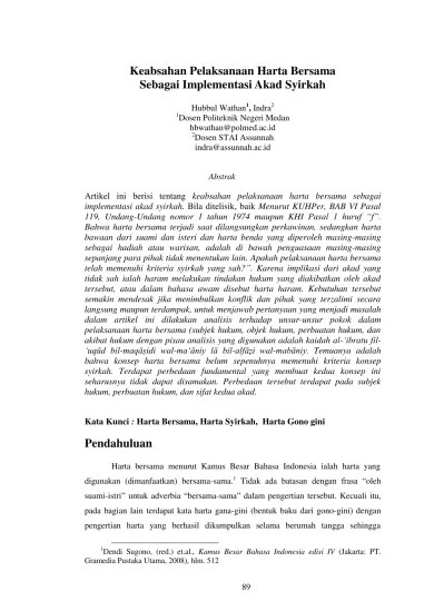 Keabsahan Pelaksanaan Harta Bersama Sebagai Implementasi Akad Syirkah