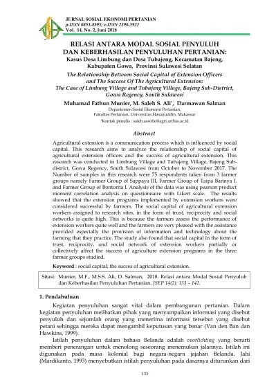 RELASI ANTARA MODAL SOSIAL PENYULUH DAN KEBERHASILAN PENYULUHAN PERTANIAN:  Kasus Desa Limbung dan Desa Tubajeng, Kecamatan Bajeng, Kabupaten Gowa,  Provinsi Sulawesi Selatan