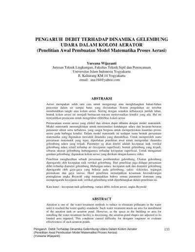 PENGARUH DEBIT TERHADAP DINAMIKA GELEMBUNG UDARA DALAM KOLOM AERATOR  (Penelitian Awal Pembuatan Model Matematika Proses Aerasi)