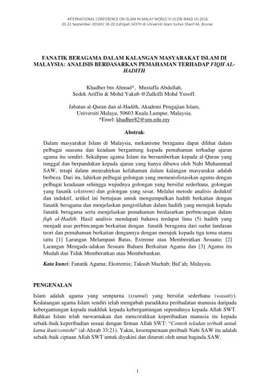 Fanatik beragama dalam kalangan masyarakat Islam di Malaysia: analisis  berdasarkan pemahaman terhadap Fiqh al-Hadith