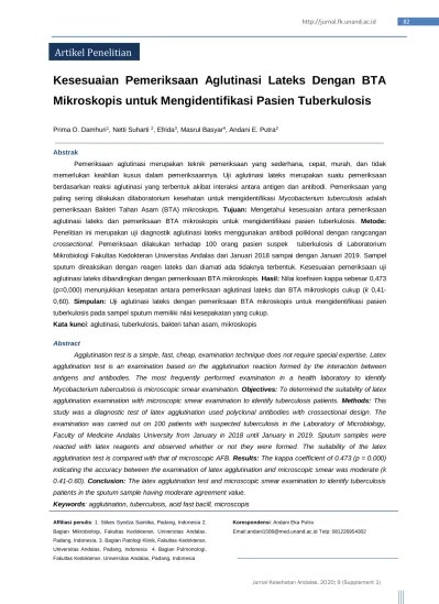 Kesesuaian Pemeriksaan Aglutinasi Lateks Dengan BTA Mikroskopis untuk  Mengidentifikasi Pasien Tuberkulosis