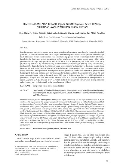Top PDF PEMELIHARAAN LARVA KERAPU RAJA SUNU (Plectropomus laevis) DENGAN  PERBEDAAN AWAL PEMBERIAN PAKAN BUATAN - 123dok.com