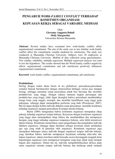 Top PDF Pengaruh Work-Family Conflict Terhadap Komitmen Organisasi:  Kepuasan Kerja Sebagai Variabel Mediasi - 123dok.com