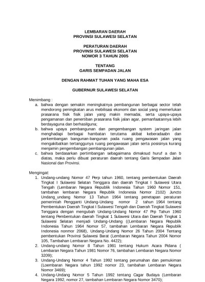 LEMBARAN DAERAH PROVINSI SULAWESI SELATAN PERATURAN DAERAH PROVINSI SULAWESI  SELATAN NOMOR 3 TAHUN 2005 TENTANG GARIS SEMPADAN JALAN