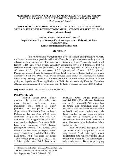 PEMBERIAN ENDAPAN EFFLUENT LAND APPLICATION PABRIK KELAPA SAWIT PADA MEDIA  PMK DI PEMBIBITAN UTAMA KELAPA SAWIT (Elaeis guinensis Jacq.