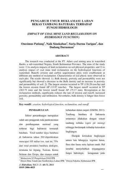 PENGARUH UMUR REKLAMASI LAHAN BEKAS TAMBANG BATUBARA TERHADAP FUNGSI  HIDROLOGIS (IMPACT OF COAL MINE LAND RECLAMATION ON HYDROLOGY FUNCTION)