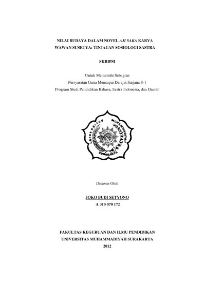 PENDAHULUAN Nilai Budaya Dalam Novel Aji Saka Karya Wawan Susetya: Tinjauan  Sosiologi Sastra.
