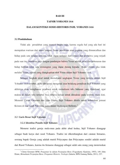 BAB III TAFSIR YOHANES 14:6 DALAM KONTEKS SOSIO-HISTORIS INJIL YOHANES 14:6